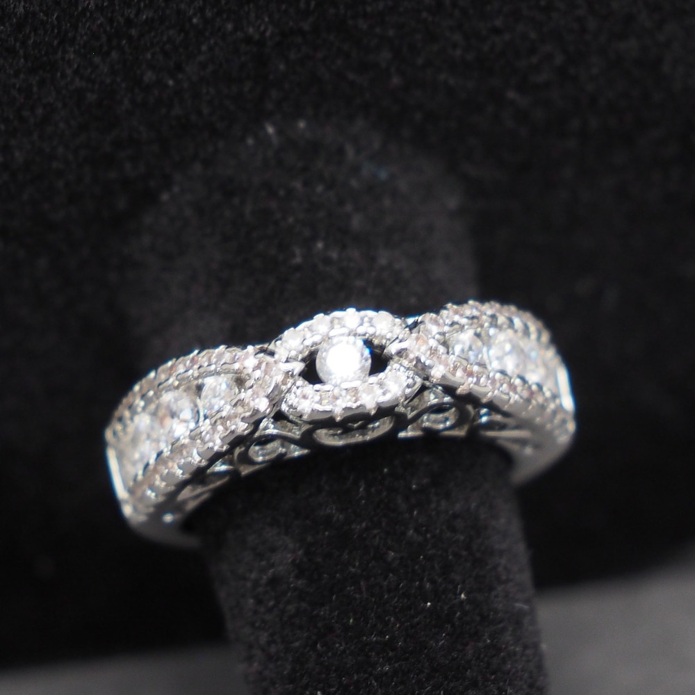 Elegant Cocktail Ring 6.5 Filigree Scroll Open Work Band Silver Tone Pave CZ